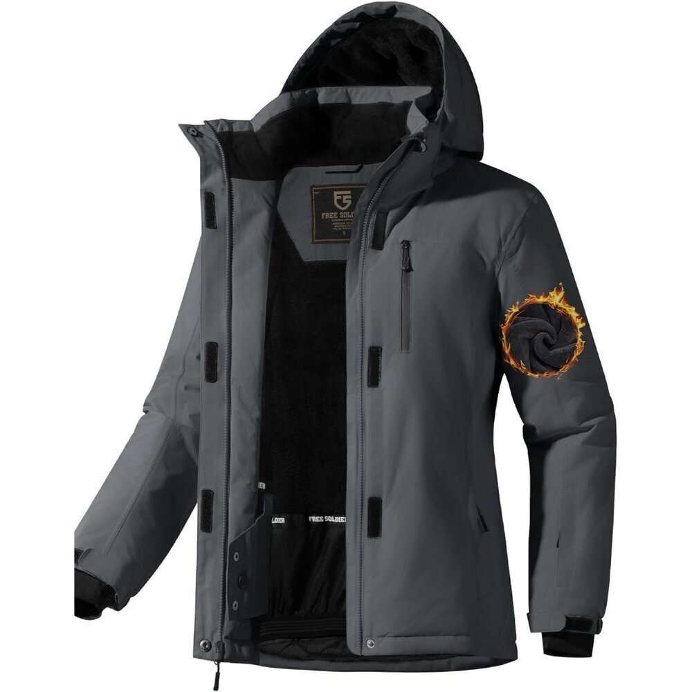 Women's Charcoal Waterproof Hood Ski Snow Jacket Fuzzy Fleece Lined Winter Warm
